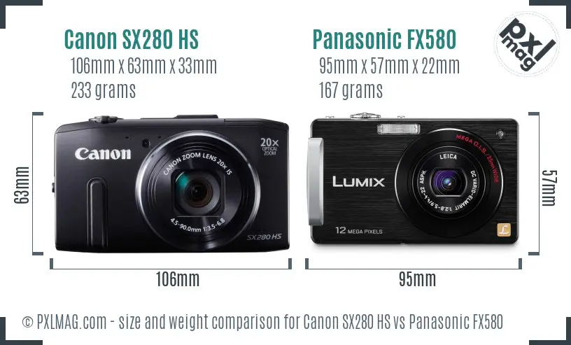 Canon SX280 HS vs Panasonic FX580 size comparison