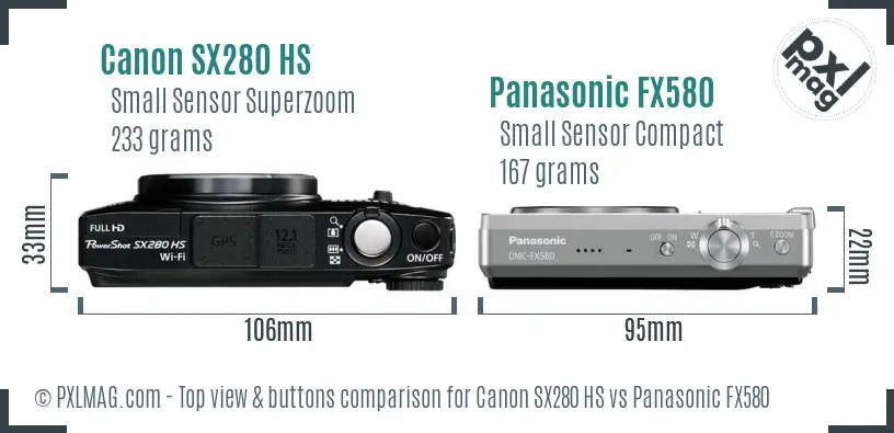 Canon SX280 HS vs Panasonic FX580 top view buttons comparison