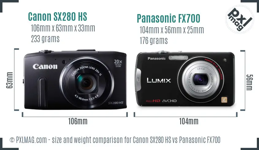 Canon SX280 HS vs Panasonic FX700 size comparison