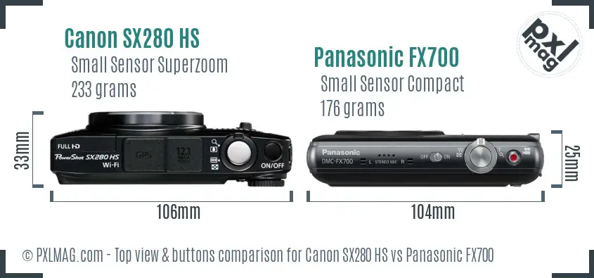 Canon SX280 HS vs Panasonic FX700 top view buttons comparison
