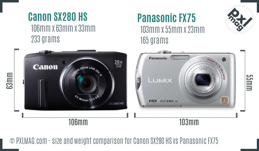 Canon SX280 HS vs Panasonic FX75 size comparison Canon SX280 HS vs Panasonic FX75 size comparison