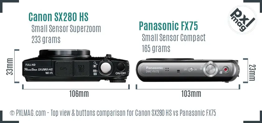 Canon SX280 HS vs Panasonic FX75 top view buttons comparison Canon SX280 HS vs Panasonic FX75 top view buttons comparison
