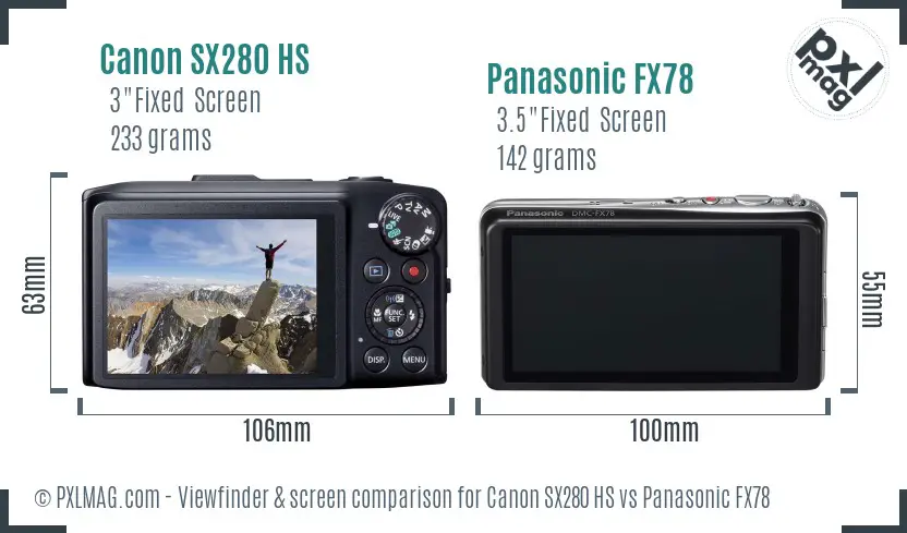 Canon SX280 HS vs Panasonic FX78 Screen and Viewfinder comparison