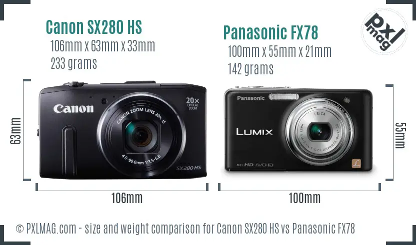 Canon SX280 HS vs Panasonic FX78 size comparison