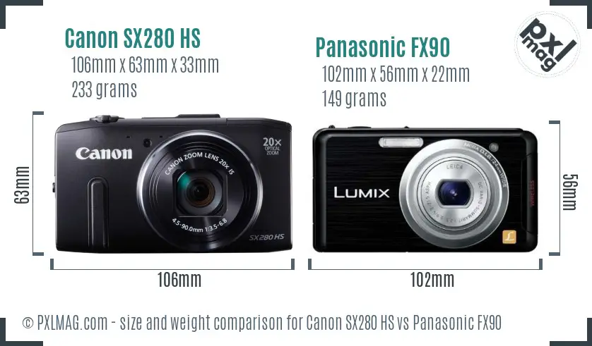 Canon SX280 HS vs Panasonic FX90 size comparison