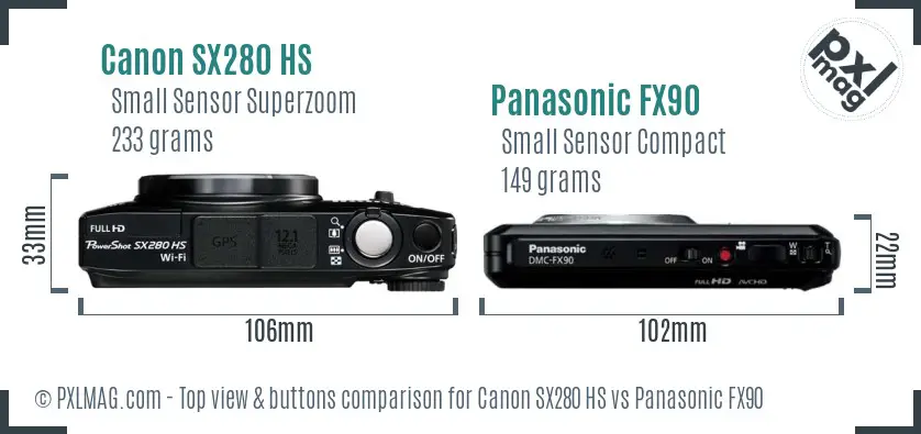 Canon SX280 HS vs Panasonic FX90 top view buttons comparison