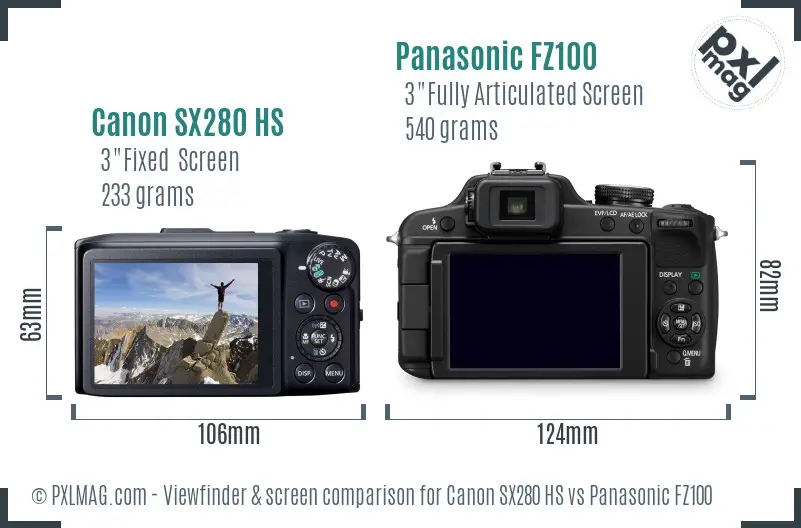 Canon SX280 HS vs Panasonic FZ100 Screen and Viewfinder comparison