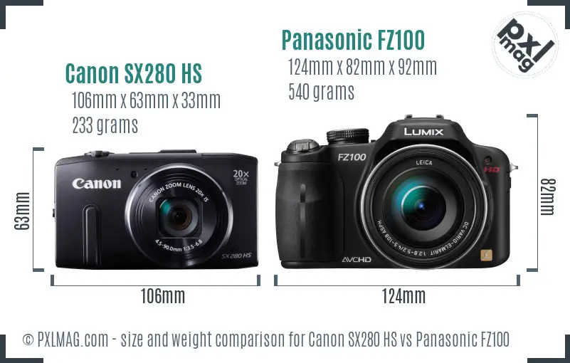 Canon SX280 HS vs Panasonic FZ100 size comparison