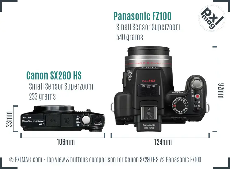 Canon SX280 HS vs Panasonic FZ100 top view buttons comparison