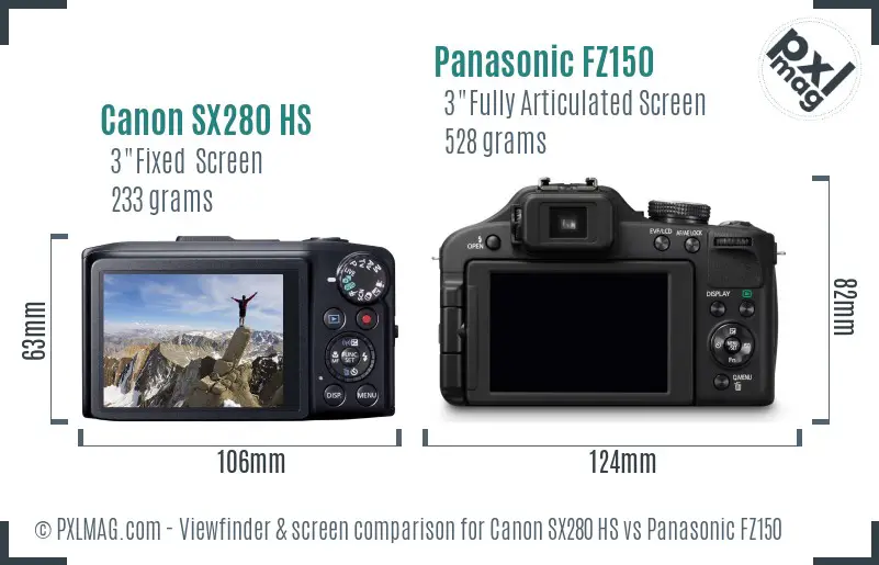 Canon SX280 HS vs Panasonic FZ150 Screen and Viewfinder comparison Canon SX280 HS vs Panasonic FZ150 Screen and Viewfinder comparison