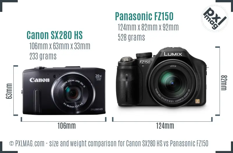 Canon SX280 HS vs Panasonic FZ150 size comparison Canon SX280 HS vs Panasonic FZ150 size comparison