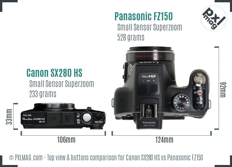 Canon SX280 HS vs Panasonic FZ150 top view buttons comparison Canon SX280 HS vs Panasonic FZ150 top view buttons comparison