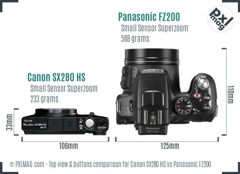 Canon SX280 HS vs Panasonic FZ200 top view buttons comparison
