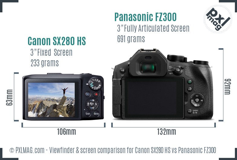 Canon SX280 HS vs Panasonic FZ300 Screen and Viewfinder comparison