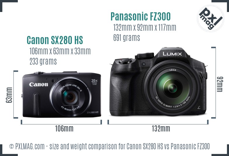 Canon SX280 HS vs Panasonic FZ300 size comparison