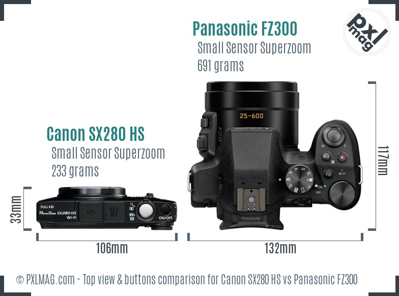 Canon SX280 HS vs Panasonic FZ300 top view buttons comparison