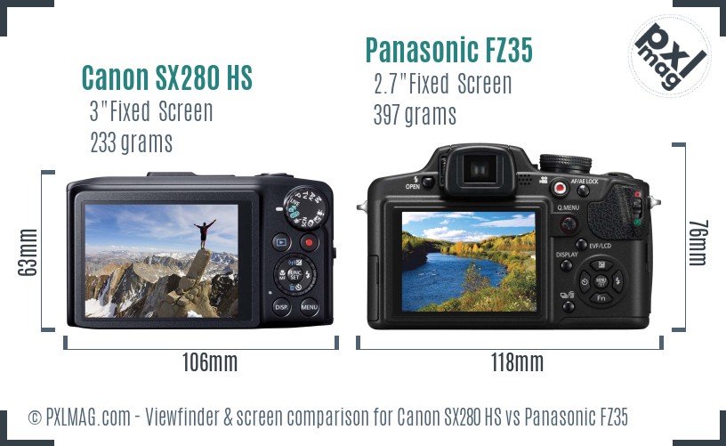 Canon SX280 HS vs Panasonic FZ35 Screen and Viewfinder comparison