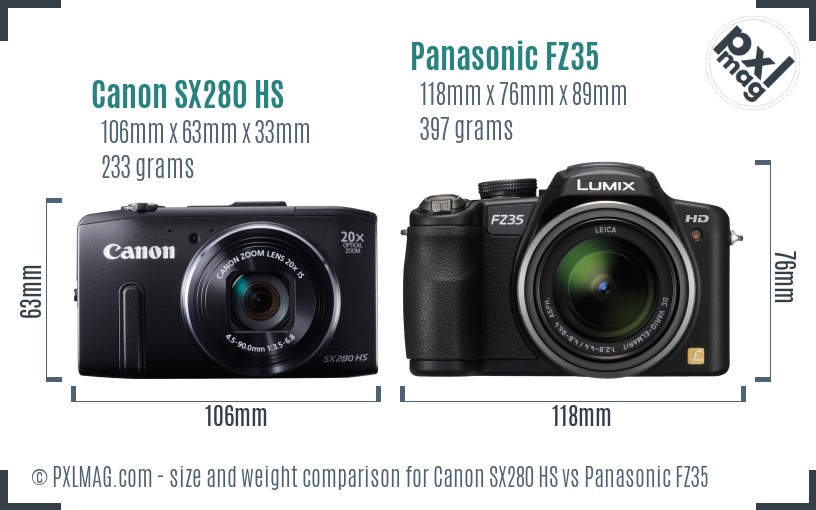 Canon SX280 HS vs Panasonic FZ35 size comparison