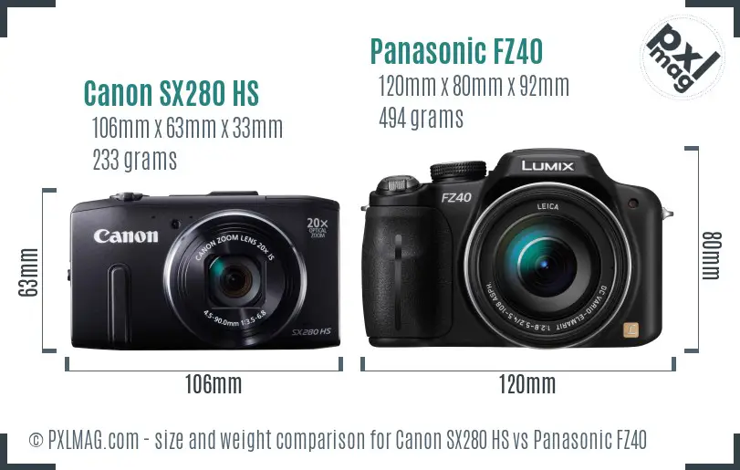 Canon SX280 HS vs Panasonic FZ40 size comparison