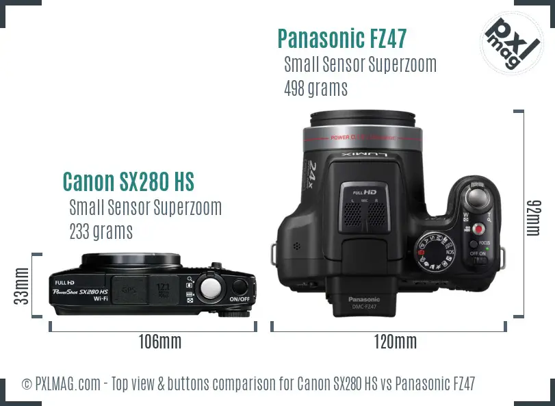 Canon SX280 HS vs Panasonic FZ47 top view buttons comparison