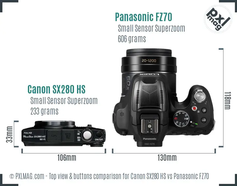 Canon SX280 HS vs Panasonic FZ70 top view buttons comparison Canon SX280 HS vs Panasonic FZ70 top view buttons comparison