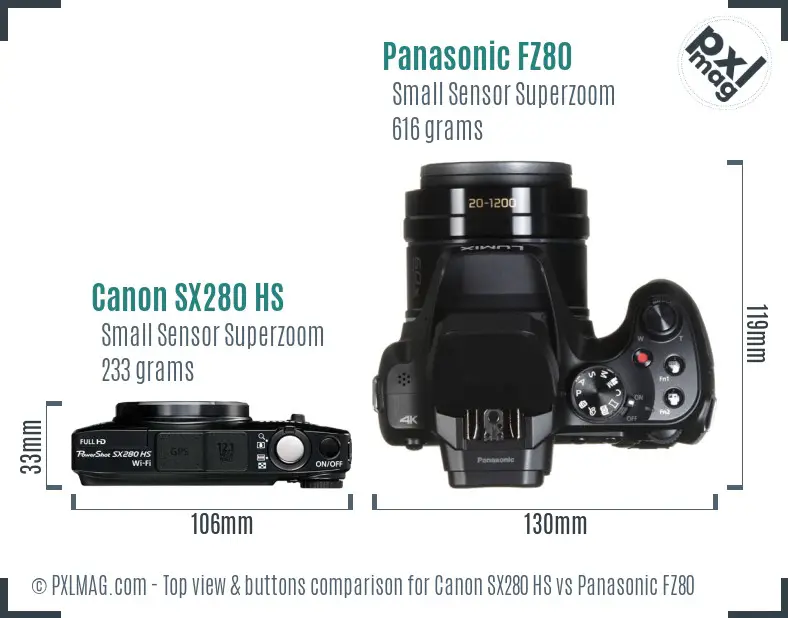 Canon SX280 HS vs Panasonic FZ80 top view buttons comparison