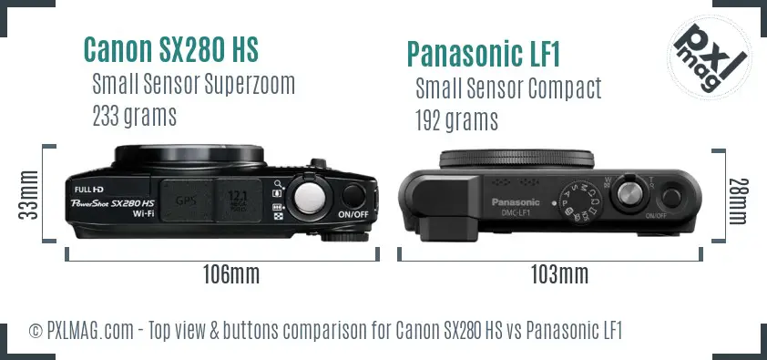Canon SX280 HS vs Panasonic LF1 top view buttons comparison Canon SX280 HS vs Panasonic LF1 top view buttons comparison