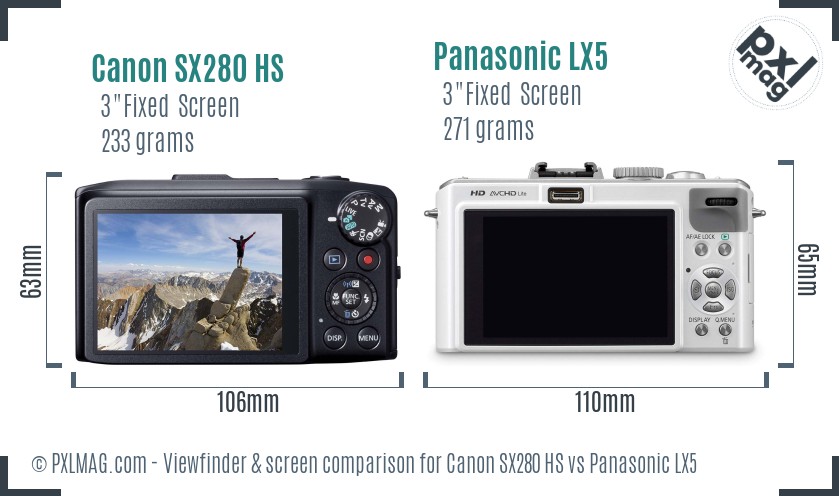 Canon SX280 HS vs Panasonic LX5 Screen and Viewfinder comparison