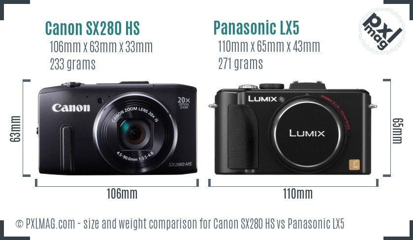Canon SX280 HS vs Panasonic LX5 size comparison