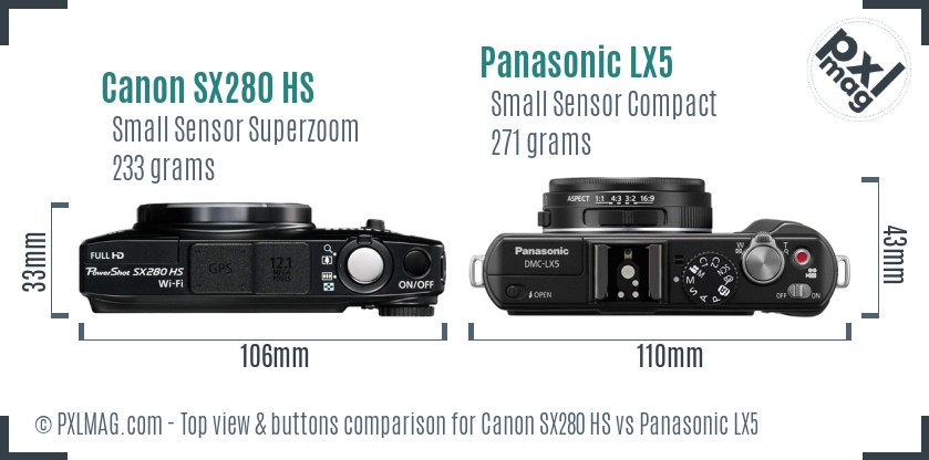 Canon SX280 HS vs Panasonic LX5 top view buttons comparison