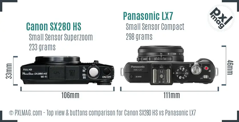 Canon SX280 HS vs Panasonic LX7 top view buttons comparison