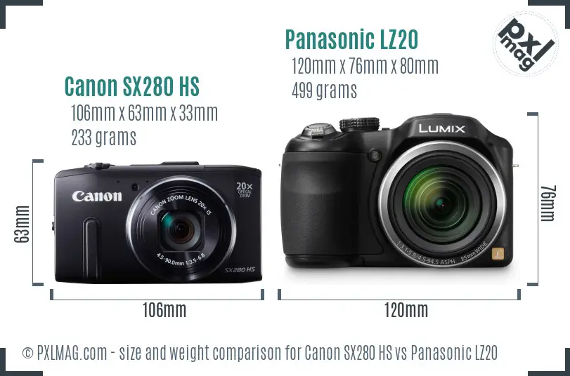 Canon SX280 HS vs Panasonic LZ20 size comparison