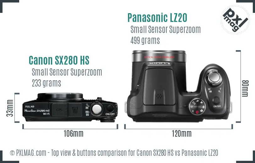 Canon SX280 HS vs Panasonic LZ20 top view buttons comparison