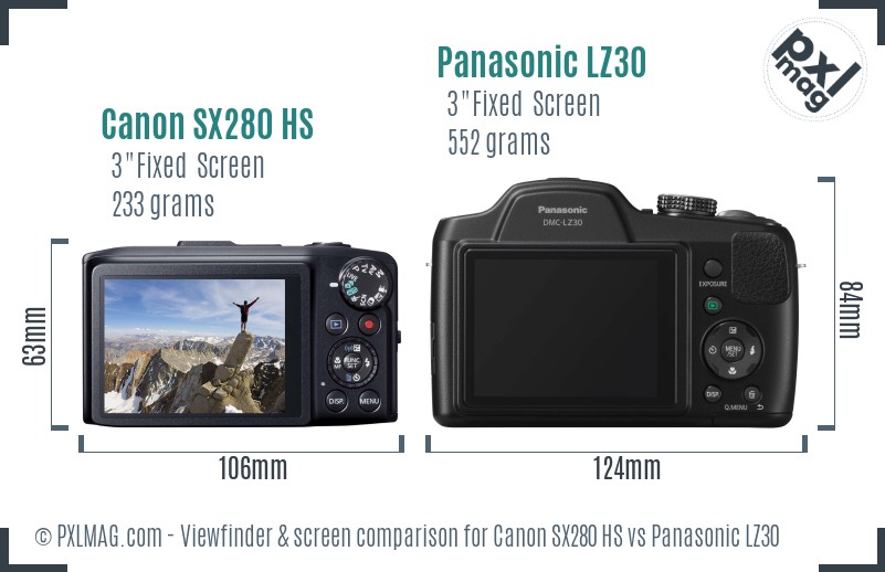 Canon SX280 HS vs Panasonic LZ30 Screen and Viewfinder comparison