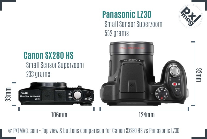 Canon SX280 HS vs Panasonic LZ30 top view buttons comparison