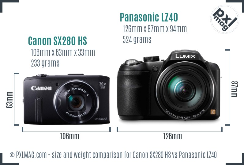 Canon SX280 HS vs Panasonic LZ40 size comparison