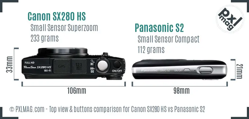 Canon SX280 HS vs Panasonic S2 top view buttons comparison Canon SX280 HS vs Panasonic S2 top view buttons comparison