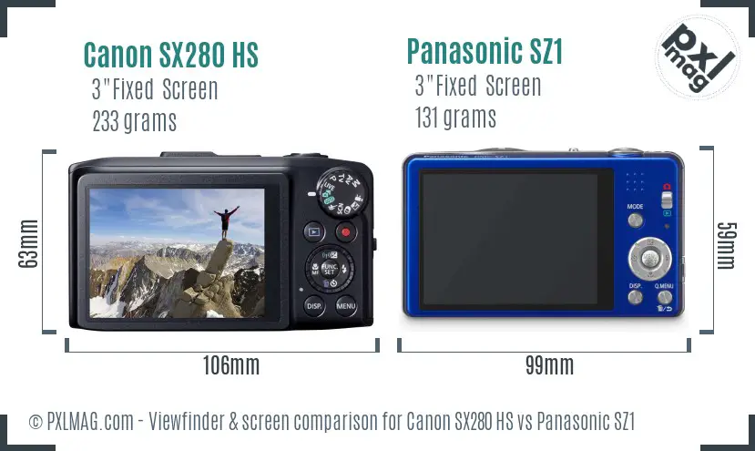 Canon SX280 HS vs Panasonic SZ1 Screen and Viewfinder comparison