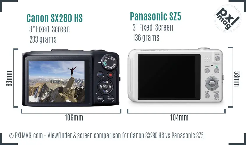 Canon SX280 HS vs Panasonic SZ5 Screen and Viewfinder comparison