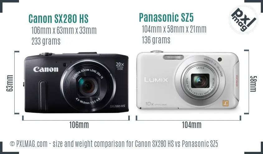 Canon SX280 HS vs Panasonic SZ5 size comparison