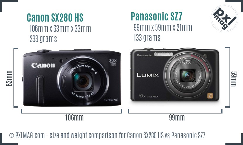 Canon SX280 HS vs Panasonic SZ7 size comparison