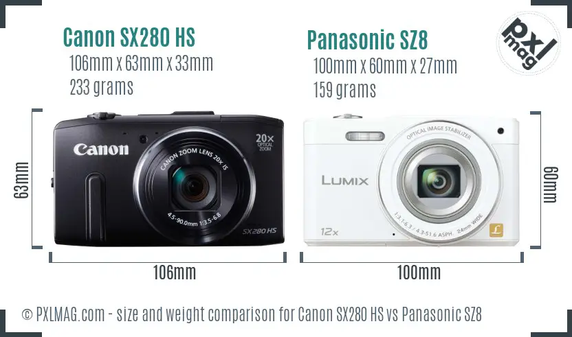 Canon SX280 HS vs Panasonic SZ8 size comparison