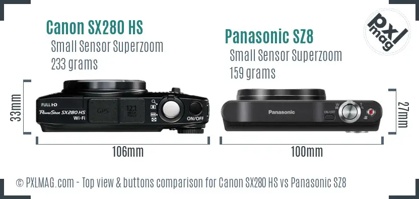 Canon SX280 HS vs Panasonic SZ8 top view buttons comparison