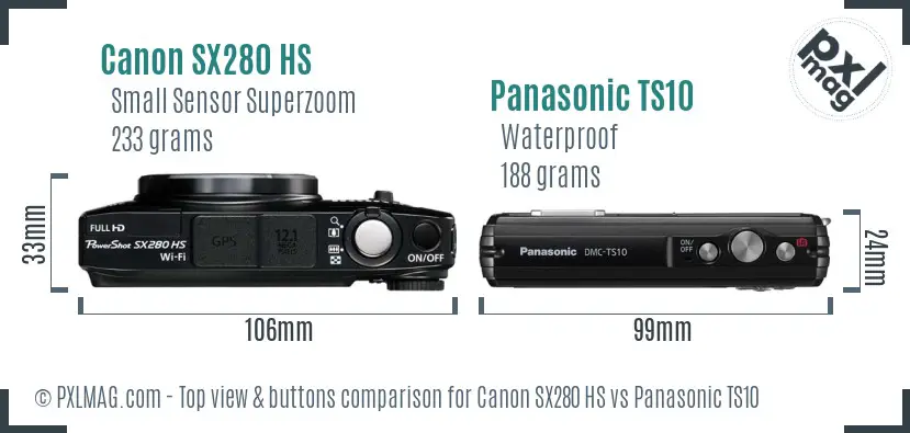 Canon SX280 HS vs Panasonic TS10 top view buttons comparison