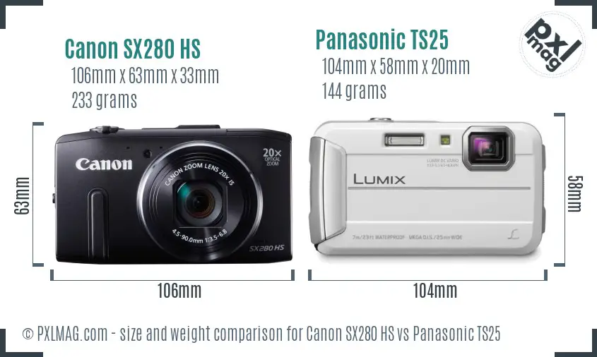Canon SX280 HS vs Panasonic TS25 size comparison