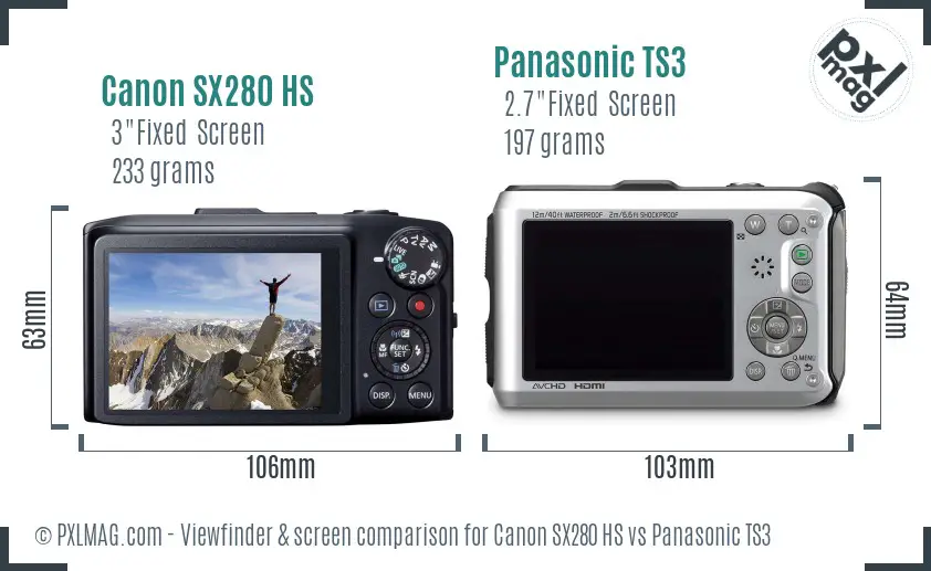 Canon SX280 HS vs Panasonic TS3 Screen and Viewfinder comparison