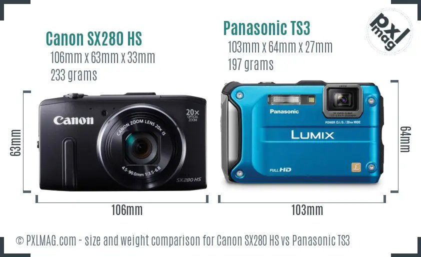 Canon SX280 HS vs Panasonic TS3 size comparison