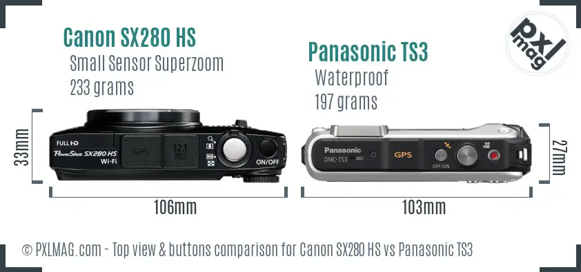 Canon SX280 HS vs Panasonic TS3 top view buttons comparison