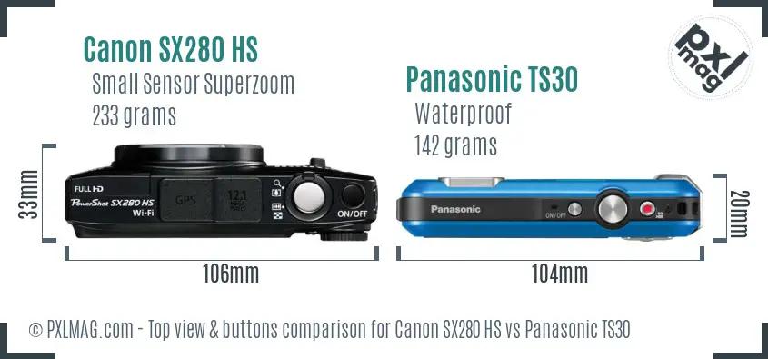 Canon SX280 HS vs Panasonic TS30 top view buttons comparison Canon SX280 HS vs Panasonic TS30 top view buttons comparison