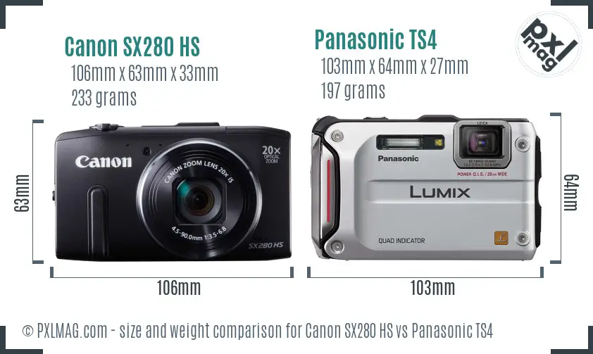 Canon SX280 HS vs Panasonic TS4 size comparison